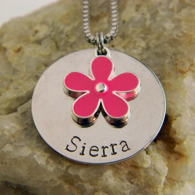 Kids Name Necklace with Pink Flower Enameled Charm